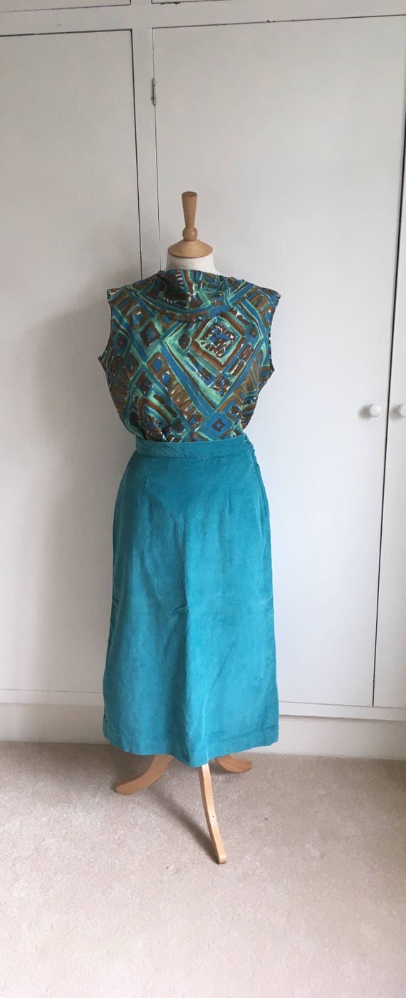 Turquoise corduroy 1960/ 70s pencil skirt suit Si… - image 5