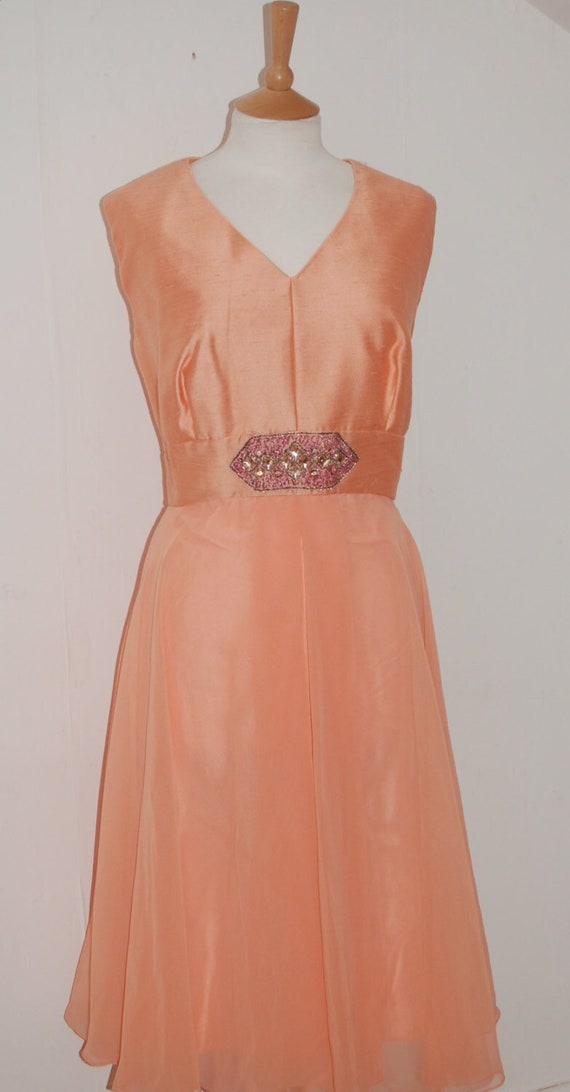 1960s peach chiffon silk party dress with rhinest… - image 1