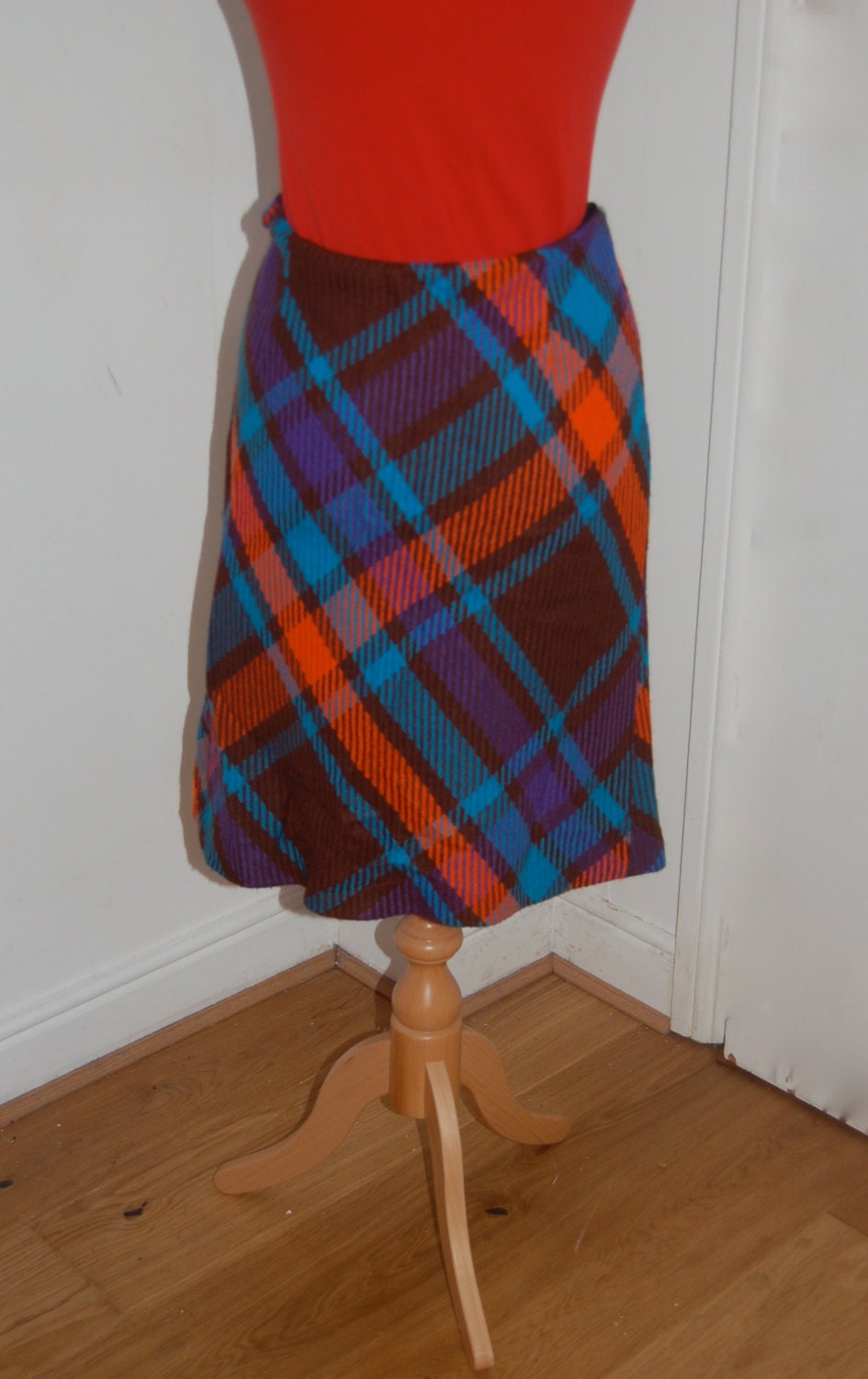 Retro Origional 1960s Vintage Wool Tartan Skirt in Brown Vibrant Orange