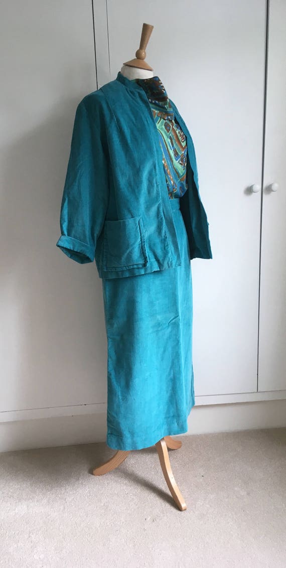 Turquoise corduroy 1960/ 70s pencil skirt suit Siz