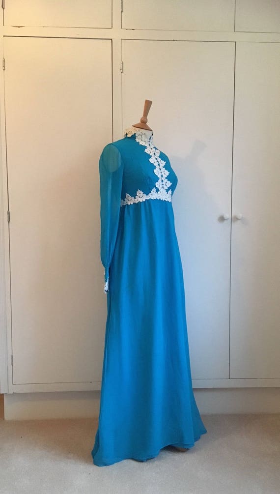 Vintage 1960's deep turquoise maxi evening gown w… - image 2
