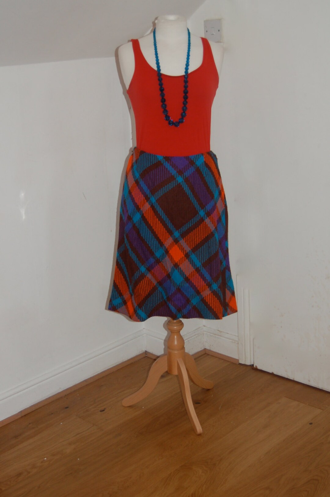 Retro Origional 1960s Vintage Wool Tartan Skirt in Brown Vibrant Orange
