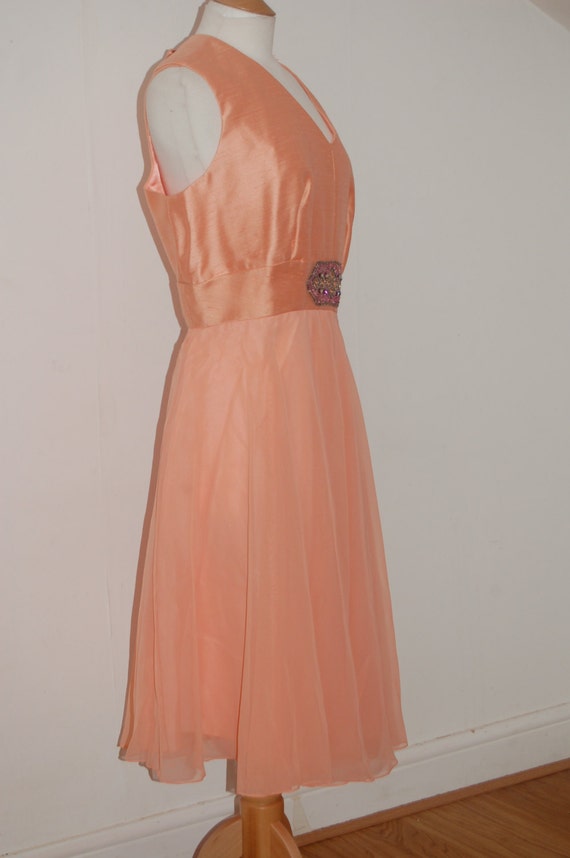 1960s peach chiffon silk party dress with rhinesto