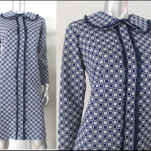 1960's Navy checked shift dress with long sleeves and round neck with oversized peter pan collar image 1