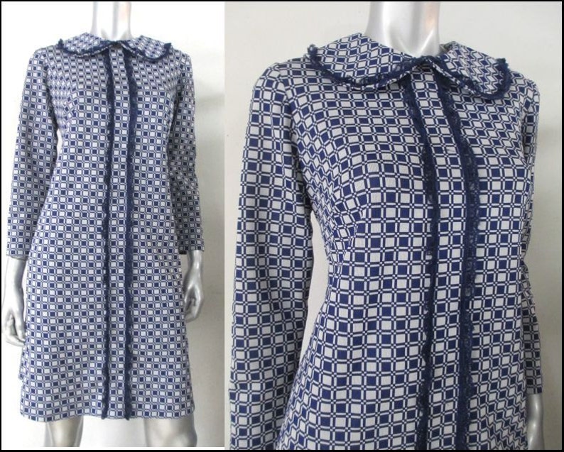 1960's Navy checked shift dress with long sleeves and round neck with oversized peter pan collar image 1