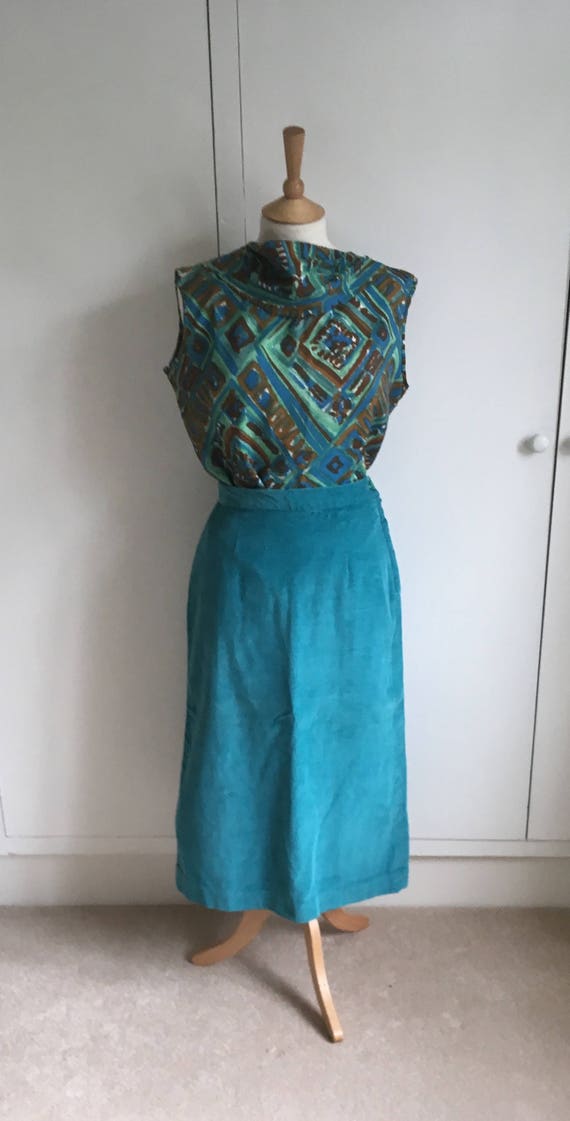 Turquoise corduroy 1960/ 70s pencil skirt suit Si… - image 6