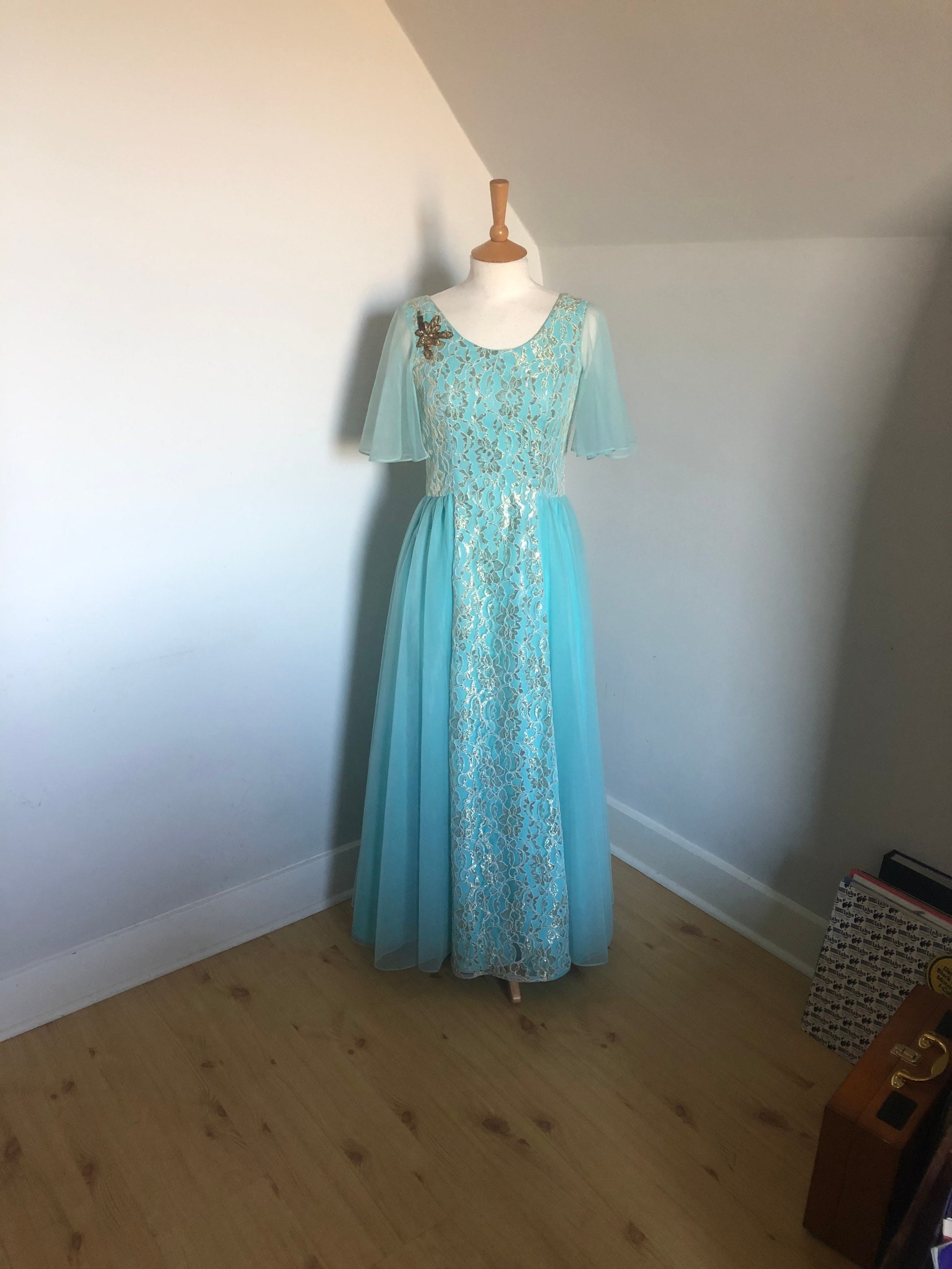 Fabulous vintage 1960's Light Turquoise chiffon maxi evening gown with silver metallic floral pattern  S/M