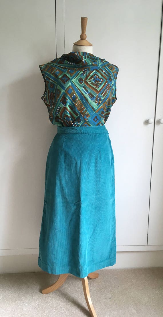 Turquoise corduroy 1960/ 70s pencil skirt suit Si… - image 3