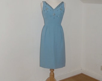 Stunning 1950s light blue beaded cocktail dress