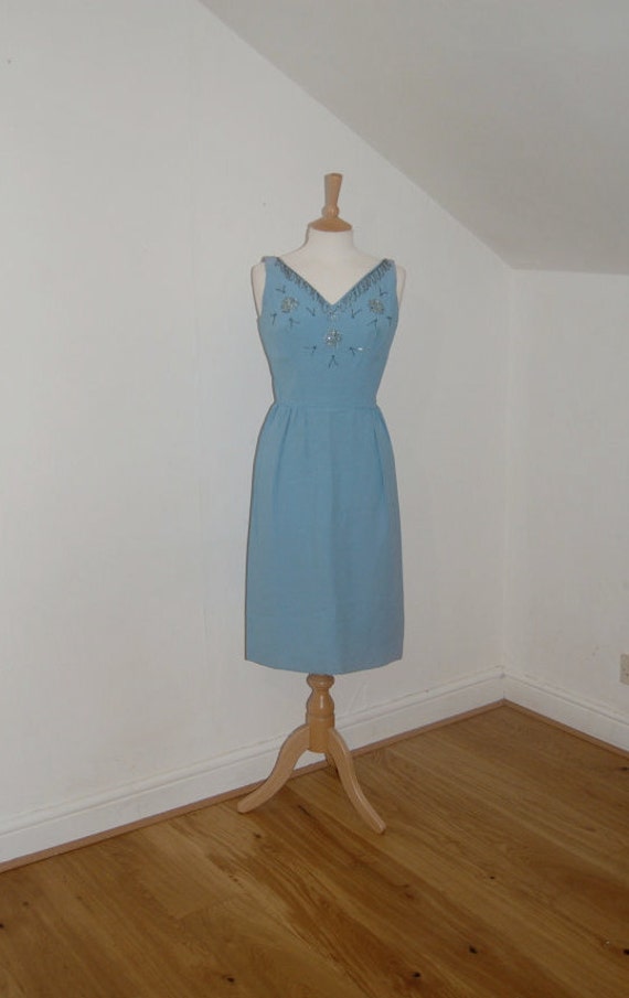 Stunning 1950s light blue beaded cocktail dress - image 1