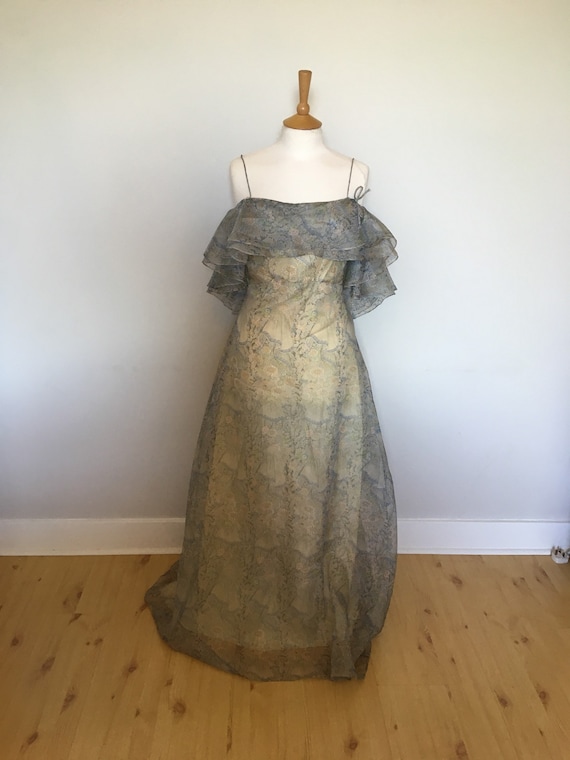 sachin and babi light blue dress Cinq  Sept Omelia Floral Flutter Sleeve Tiered Chiffon Gown