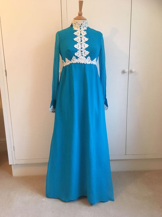 Vintage 1960's deep turquoise maxi evening gown w… - image 3