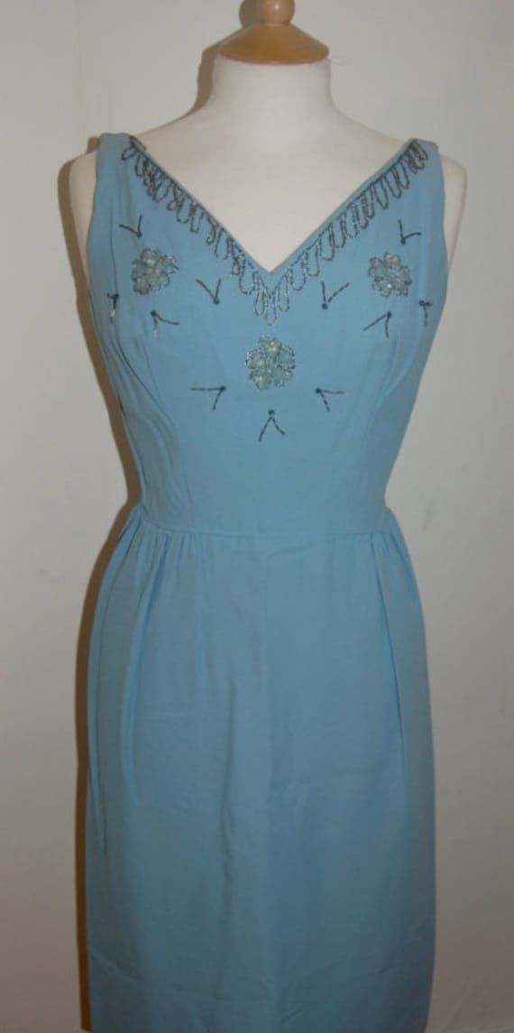 Stunning 1950s light blue beaded cocktail dress - image 2