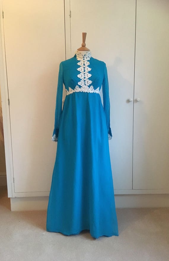 Vintage 1960's deep turquoise maxi evening gown w… - image 1