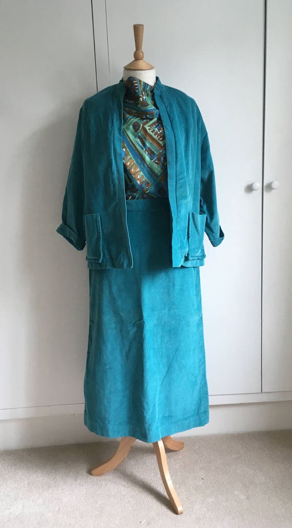 Turquoise corduroy 1960/ 70s pencil skirt suit Si… - image 8