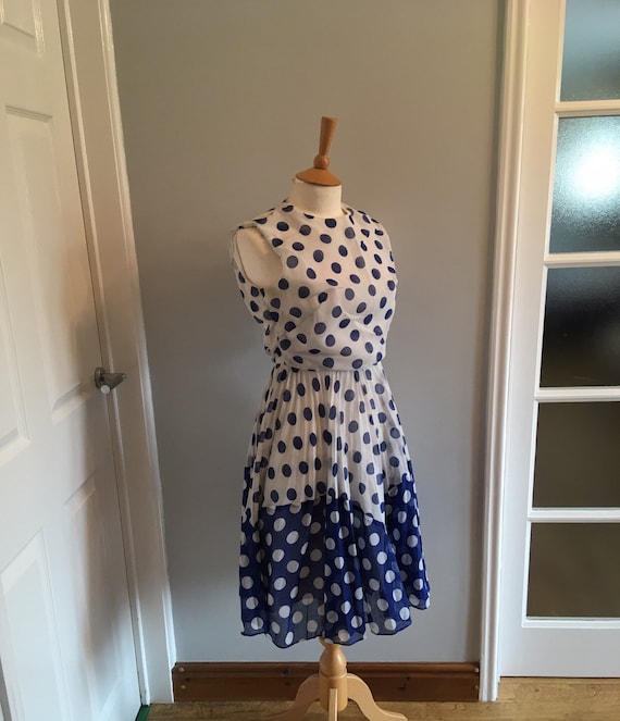 A Lovely Vintage 1950s/60s Blue and White Polka Dot Fit and Flare Dress