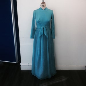 Fabulous vintage 1960's glamorous turquoise, chiffon shimmery  maxi evening gown with diamonte sparkles