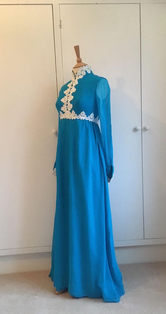 Vintage 1960's deep turquoise maxi evening gown w… - image 4