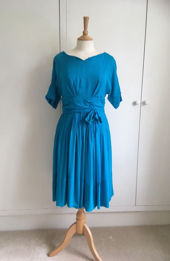Beautiful 1950s Turquoise Chiffon Cocktail Dress Size M