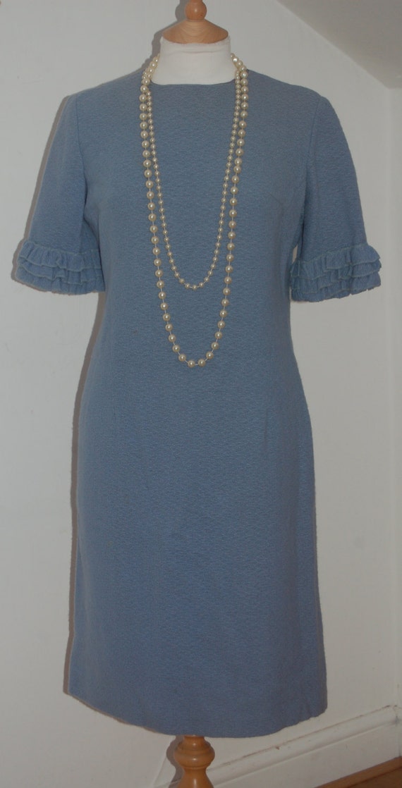 Vintage 1960's light  blue wool wiggle dress with… - image 2