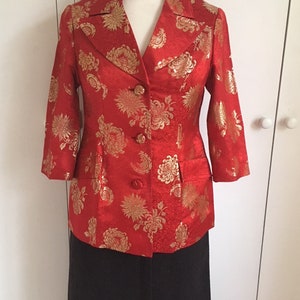 Beautiful 1960s scarlet red and gold vintage silk jacket with floral gold pattern and red embroidery