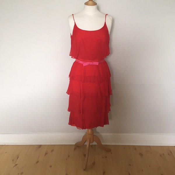 vintage 60s red chiffon shoes string strap cocktail/party dress xs/s