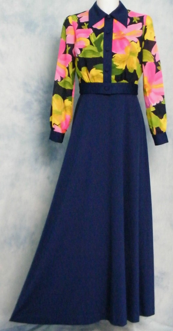 Hawaiian vintage 1970s V-neck navy blue maxi dress