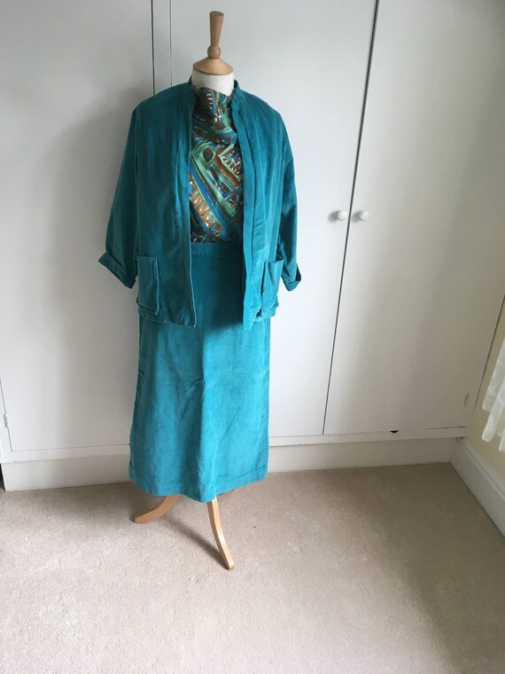 Turquoise corduroy 1960/ 70s pencil skirt suit Si… - image 2