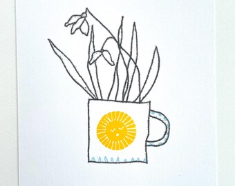 Original Snowdrop monoprint and a shy sun printed mug art spring gift of love