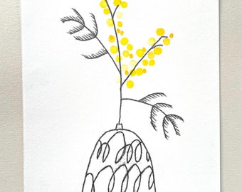 Mimosa in a scribble vase hand printed minimal monoprint original art thank you, new home, gift