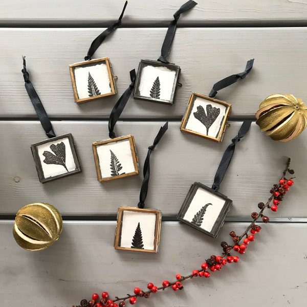Minature original monochrome Fern and Ginkgo print in hanging brass frame decorative art work gift