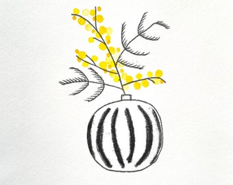 Mimosa in a striped round vase an original hand printed botanical inspired floral art mono printed and block printed.