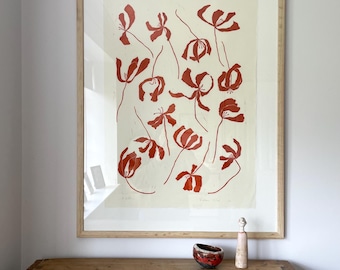 Fifteen tulips Original Art Print: Minimalist Botanical Lino Print on Washi Paper rust burnt orange