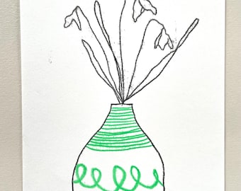 Snowdrops in a striped bright green vase an original hand printed botanical inspired original art print