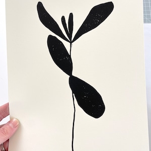Black original lino print ‘Fresh green shoot’ original hand carved printed lino art. Bold botanical inspired minimal silhouette block print