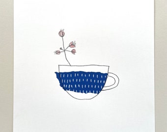 super seconds Blossom in a dark blue cup original monoprint