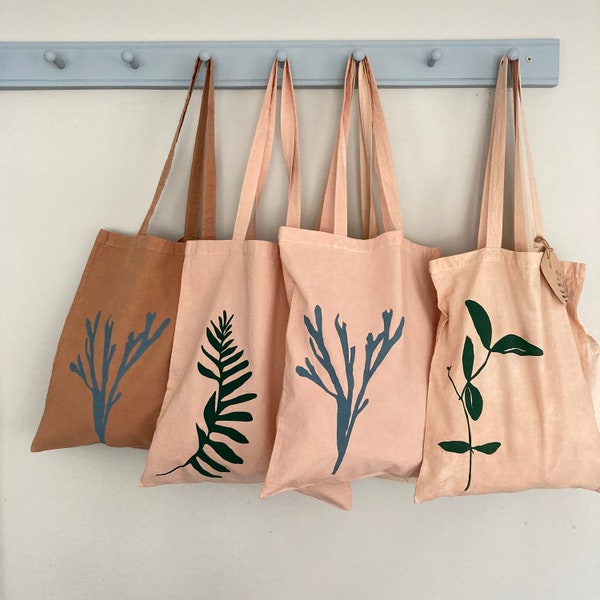 Pink leaf tote bag hand dyed in natural Avocado organic cotton green leaf beach bag