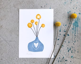 Billy buttons and heart vase original art valentines spring gift of love