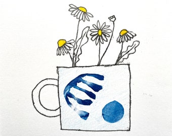 super seconds Daisies in a Matisse style cup original monoprint