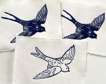 Swallows and swift bird block print original artwork lino embossed on handmade paper