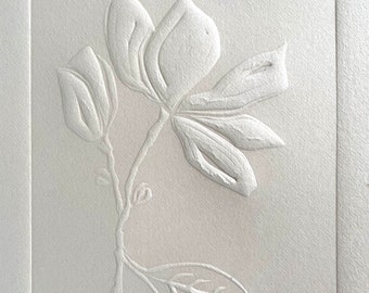 Lino print of Magnolia minimalist blind embossed original.  Lino printed flower. Minimal magnolia embossed print.