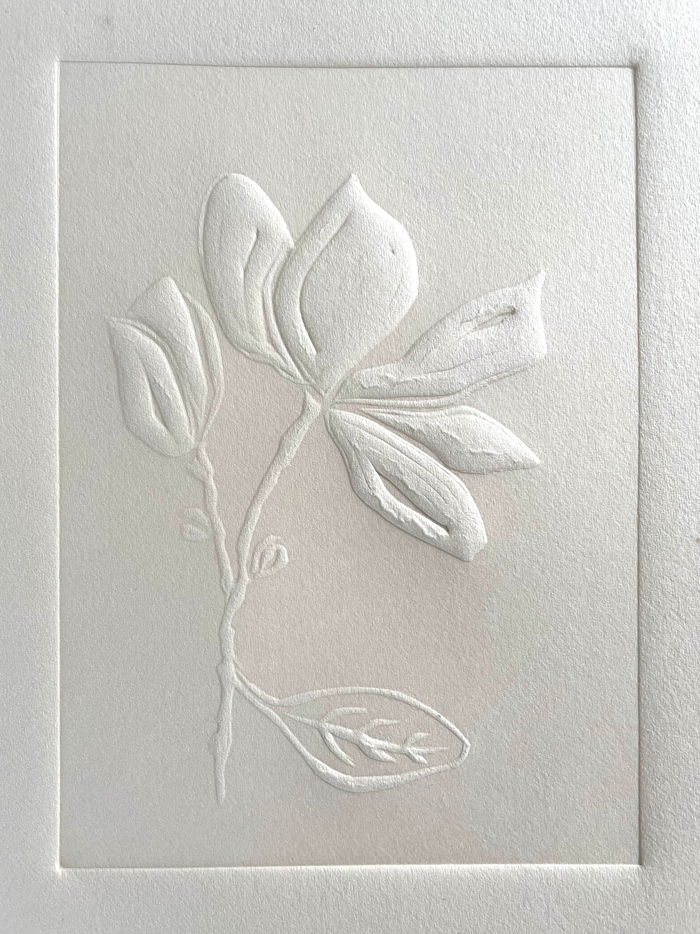 Lino print of Magnolia minimalist blind embossed original. Lino printed flower. Minimal magnolia embossed print.