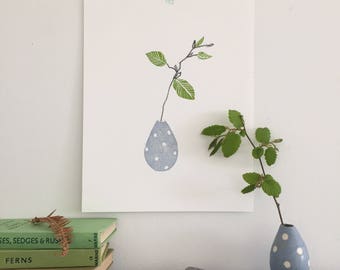 Spring Hornbeam and blue spotty pot, simple, minimal original hand printed art. botanical inspired block printed and mono printed.