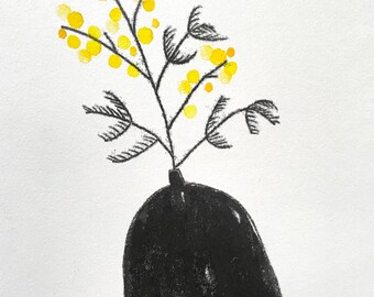Mimosa in a black vase hand printed minimal monoprint original art thank you, new home, gift