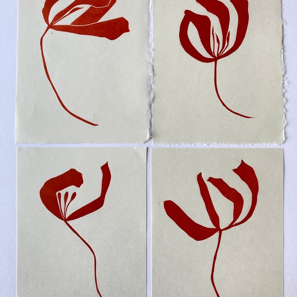 Estudio de tulipán naranja quemado, impresión artística original botánica simple y audaz con motivos florales, silueta minimalista tallada a mano e impresa en lino.