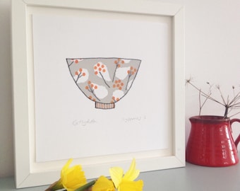 Burnt Orange Ivy berries, original screen print monoprint art. Simple & minimal decorative bowl print.