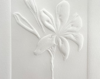 Lily lino print minimalist blind embossed original.  Lino printed flower. Minimal Lily embossed print.