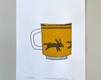 super seconds Favourite rabbit mug yellow mug monoprint original art print