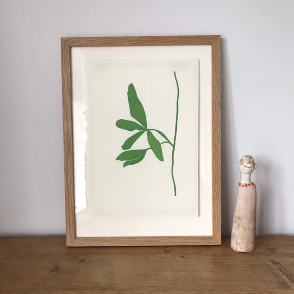 Minimal white beam leaf original print on handmade Japanese paper. leaf botanical illustration lino block print