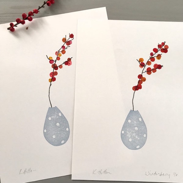 Winter berries and blue spotty pot, minimal original hand printed art. Simple botanical inspired block printed and mono printed.